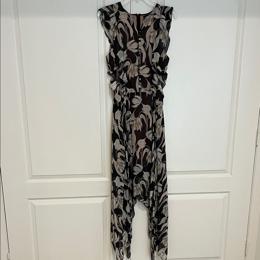 BCBG Elegant Black and Gray Floral midi dress